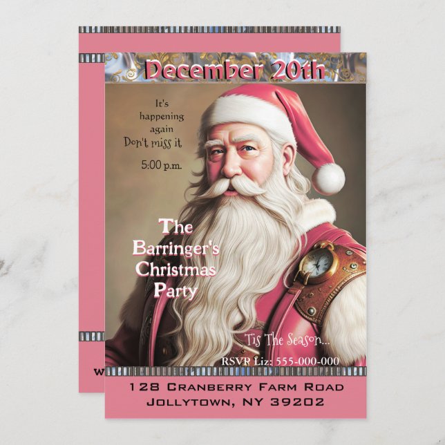 Pink Santa Keeping Time Christmas Party Invitation (Front/Back)