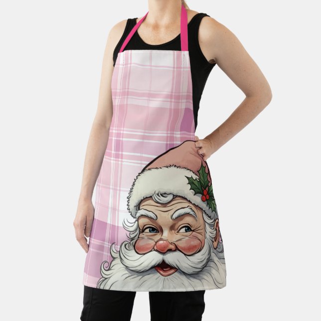 Pink Santa Plaid Christmas Apron (Insitu)