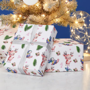 Pink Santa Reindeer Merry Christmas Wrapping Paper