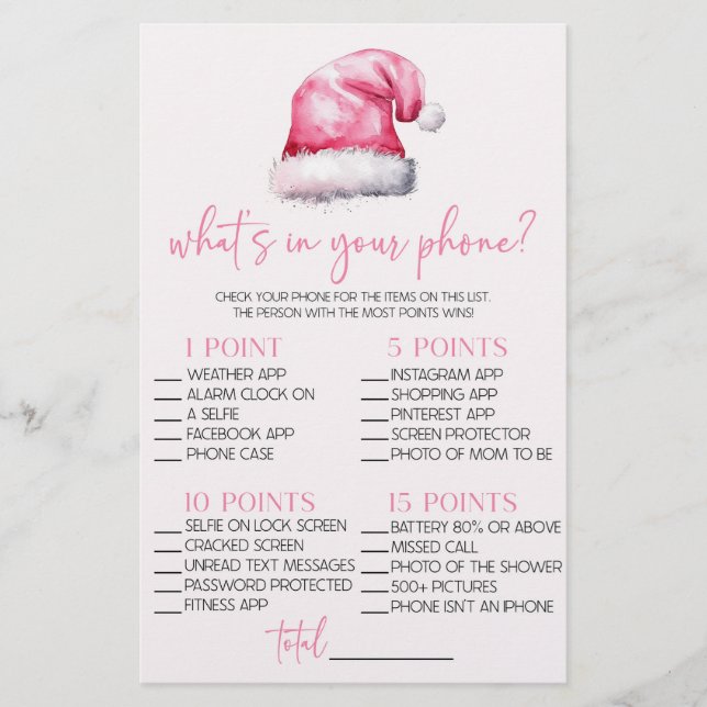 Pink Santa What's In Your Phone Baby Shower Game Stationery (Front)
