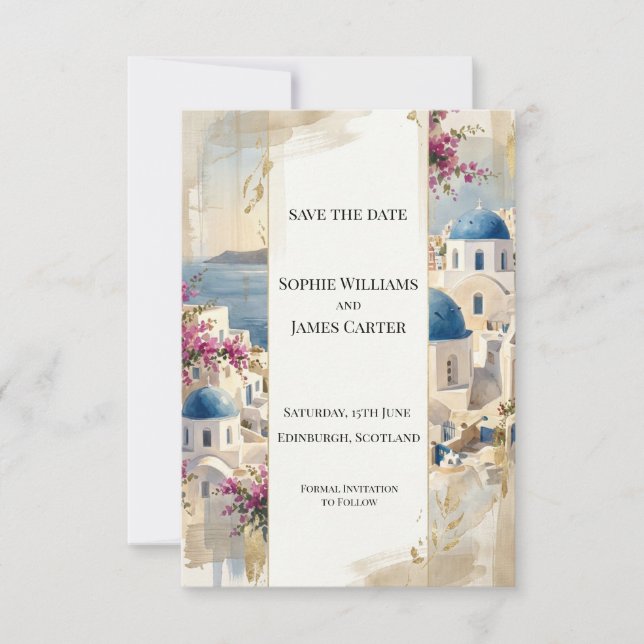 Pink Santorini Floral Save The Date Card (Front)