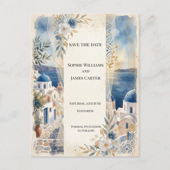 Pink Santorini Floral Save The Date Postcard (Front)