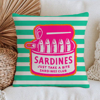 Pink Sardines Can on Green Stripes BOHO Coastal Cushion