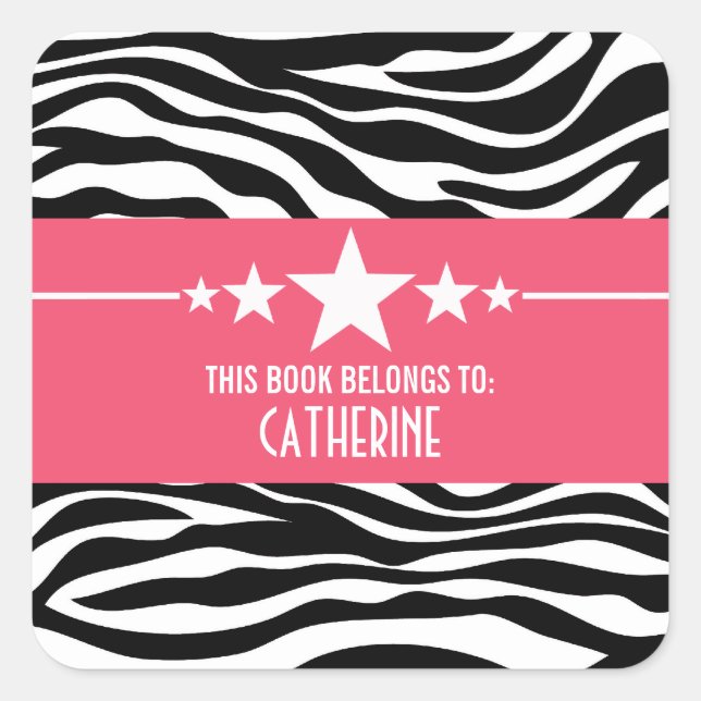 Pink Sassy Star Zebra Bookplate Stickers (Front)