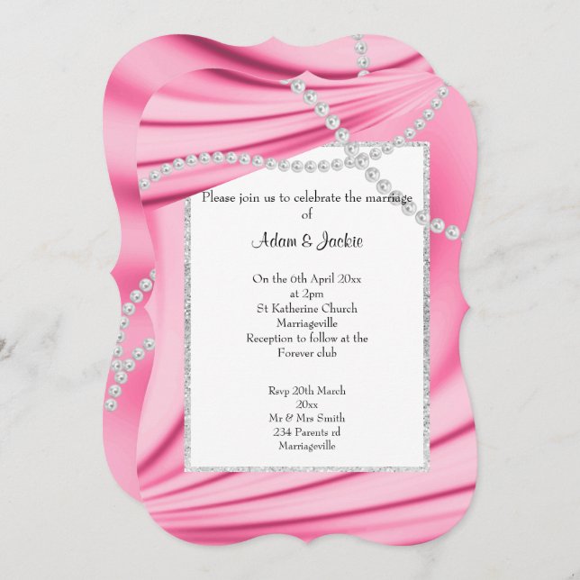 PINK SATIN, DIAMONDS & PEARLS ELEGANT WEDDING 2 INVITATION (Front/Back)