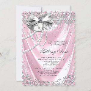 Pink Satin First Communion Invitation