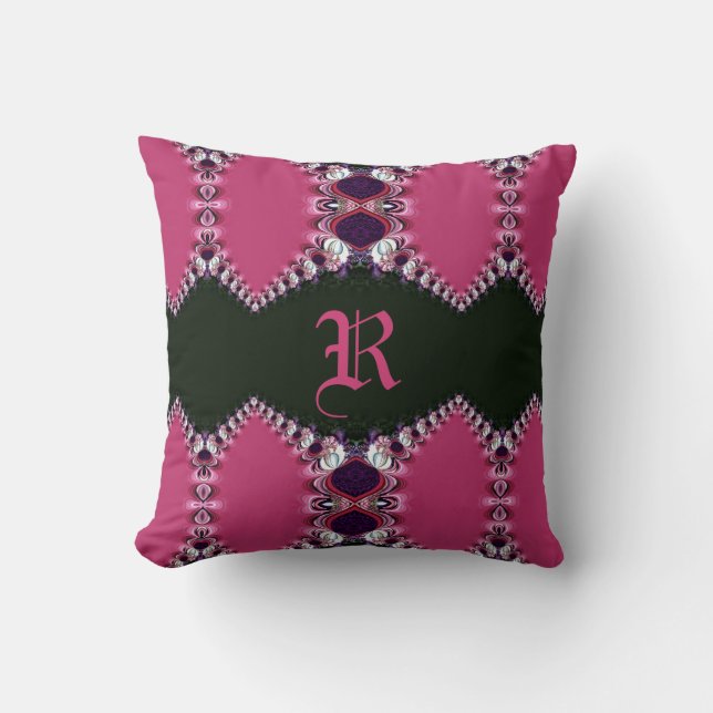 Pink Satin Lace design Monogram Cushion (Front)