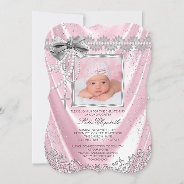 Pink Satin Photo Baptism Christening Invitation (Front)