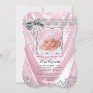 Pink Satin Photo Baptism Christening Invitation