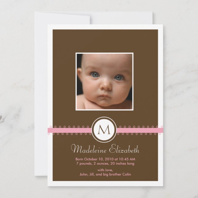 Pink Satin Ribbon with Monogram Birth Announcement (Front)