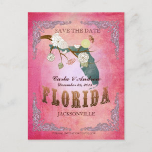 Pink Save The Date - Florida Map With Lovely Birds Announcement Postcard