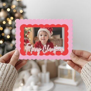 Pink Scallop Photo Christmas   Modern Merry  Holiday Card