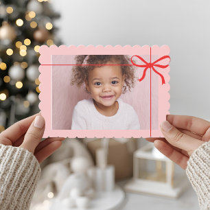 Pink Scallop Photo Christmas with Red Bow Holiday Card