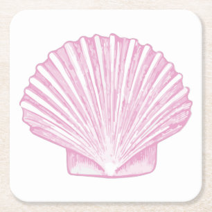 Pink Scallop Shell Coastal Square Paper Coaster