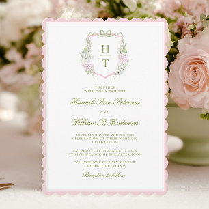 Pink Scalloped Hydrangea Crest Wedding Invitation