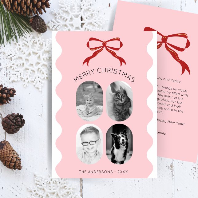 Pink Scalloped Red Bow Christmas Photo Collage Holiday Card (Creator Uploaded)