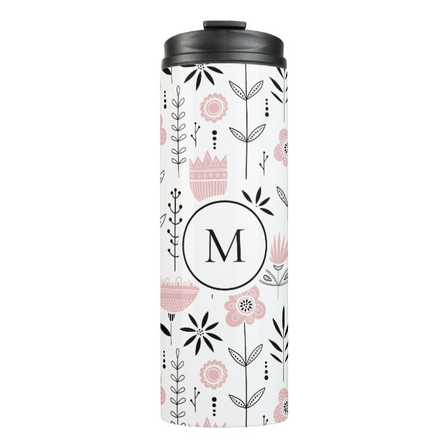 Pink Scandinavian Floral Pattern Monogram Thermal Tumbler (Front)
