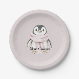 Pink Scarf Penguin Christmas Paper Plate