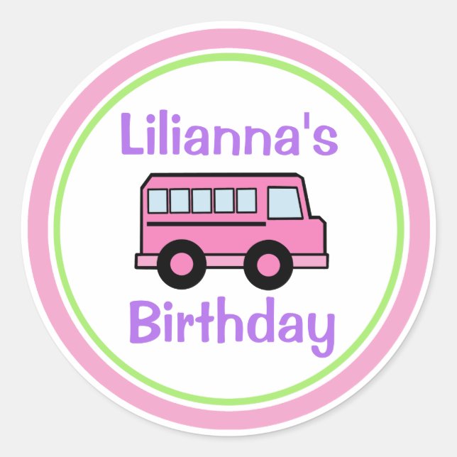 Pink School Bus Birthday Classic Round Sticker (Front)