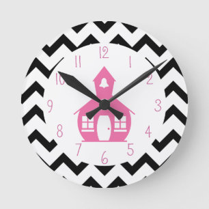 Pink Schoolhouse + Black Chevron Teacher Round Clock