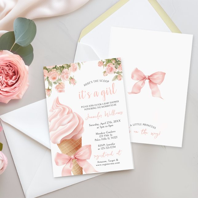 Pink Scoop Ice Cream Bow Summer Baby Girl Shower Invitation (Creator Uploaded)