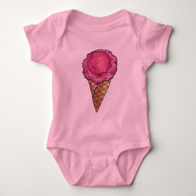 Pink Scoop Strawberry Ice Cream Waffle Cone Foodie Baby Bodysuit (Front)