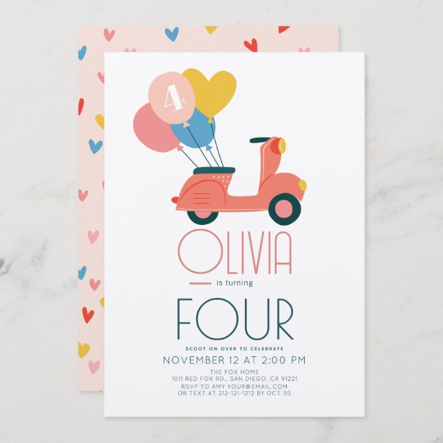 Pink Scooter Balloons Girl Birthday Invitation (Front/Back)