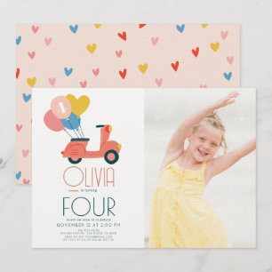 Pink Scooter Balloons Girl Birthday Photo Invitation