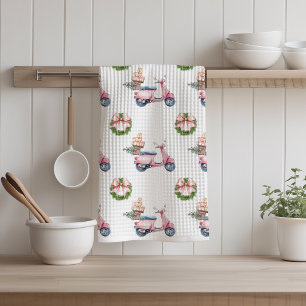 Pink Scooter Christmas Shopping Trip  Tea Towel