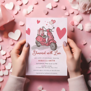 Pink Scooter Hearts Valentines Day Bridal Shower Invitation