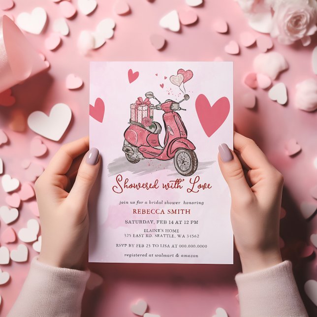 Pink Scooter Hearts Valentines Day Bridal Shower Invitation (Pink Scooter Hearts Valentines Day Bridal Shower Invitation)