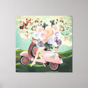 Pink Scooter legs Bouquet & Sky Retro Collage Canvas Print
