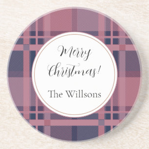 Pink Scottish Lady Tartan Pattern Merry Christmas Coaster