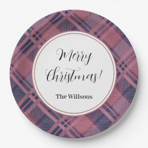 Pink Scottish Lady Tartan Pattern Merry Christmas Paper Plate