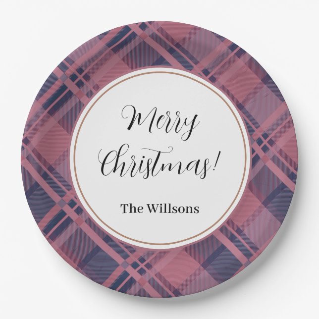 Pink Scottish Lady Tartan Pattern Merry Christmas Paper Plate (Front)