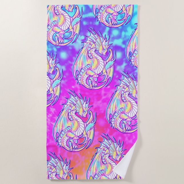 Pink Scribble Cute Girly Dragon Wyvern Inugami Beach Towel (Front)