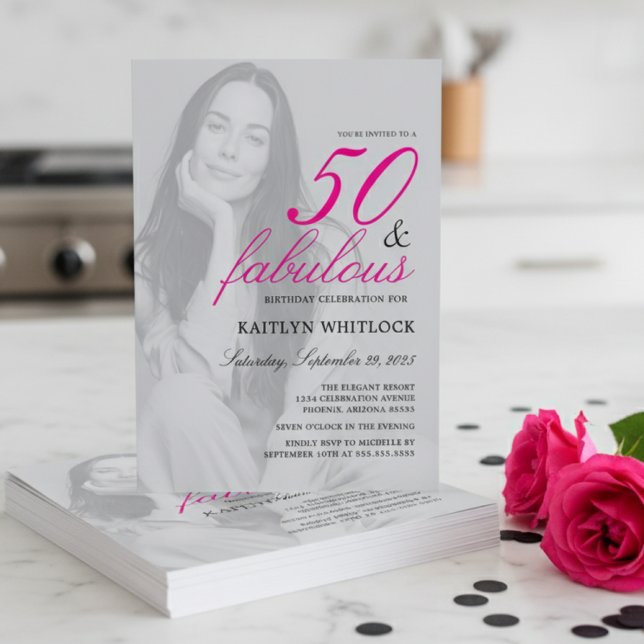 Pink Script 50 and Fabulous Photo Birthday Party Invitation (modern elegant fifty and fabulous pink birthday party invitation with full photo for 50th birthday)