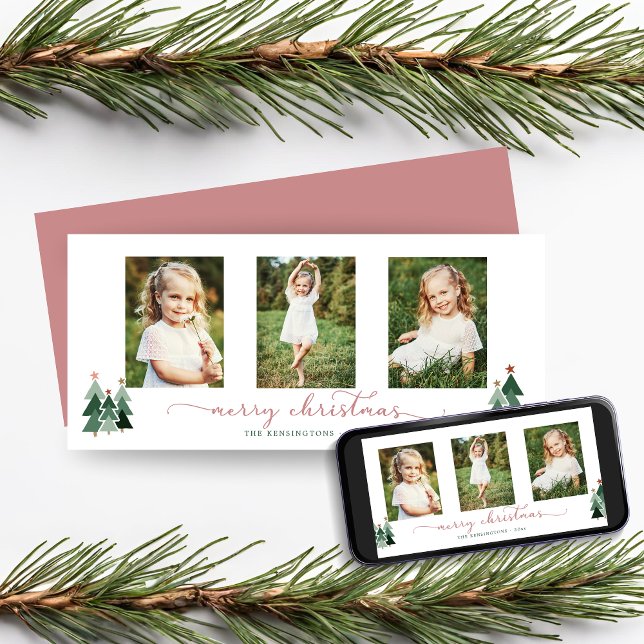Pink Script Christmas Trees 3 Photo Holiday Card (Pink Script Christmas Trees 3 Photo Holiday Card)