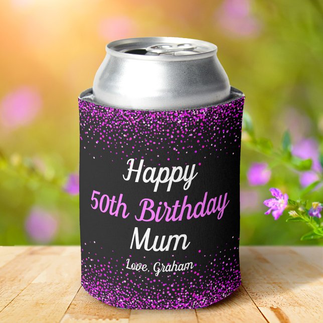 Pink Script Confetti Dots Black 50th Birthday Mum Can Cooler (Creator Uploaded)