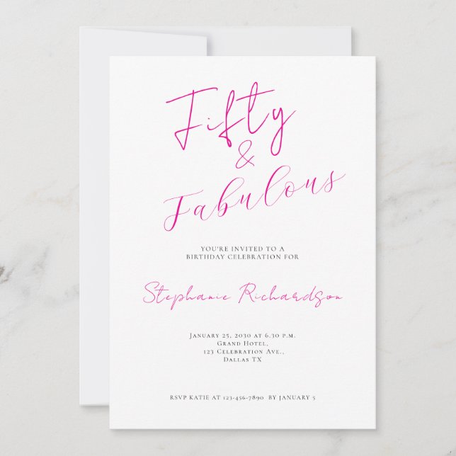 Pink Script Fifty and Fabulous 50th Birthday Party Invitation (Front)