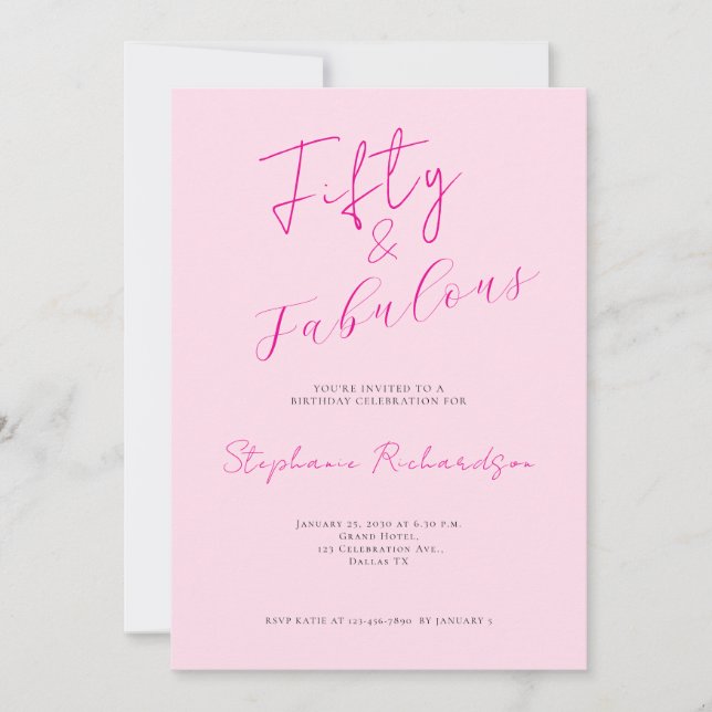 Pink Script Fifty and Fabulous 50th Birthday Party Invitation (Front)