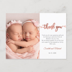 Pink Script Girl Twins Baby Photo Thank You  Postcard