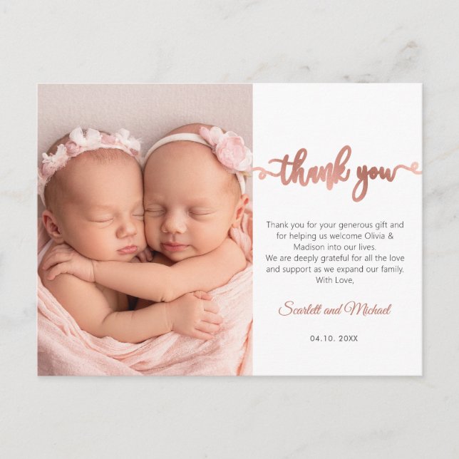 Pink Script Girl Twins Baby Photo Thank You  Postcard (Front)
