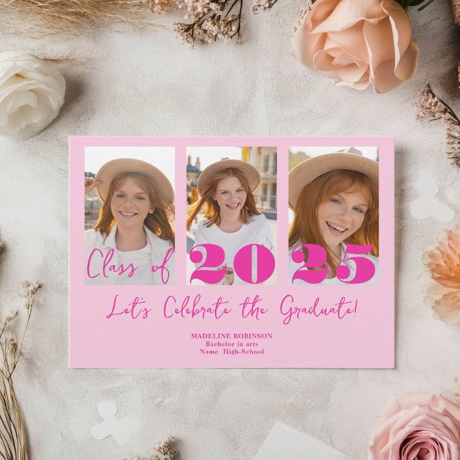 Pink Script Graduation Party 5 Photo Class Invitation (Pink Script Graduation Party 5 Photo Class Invitation)