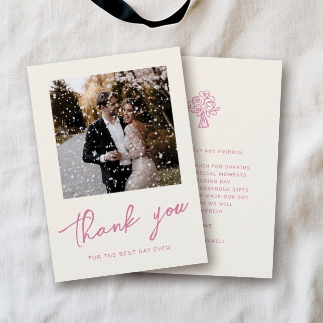 Pink Script Handdrawn Trendy Wedding Photo Thank You Card (Creator Uploaded)