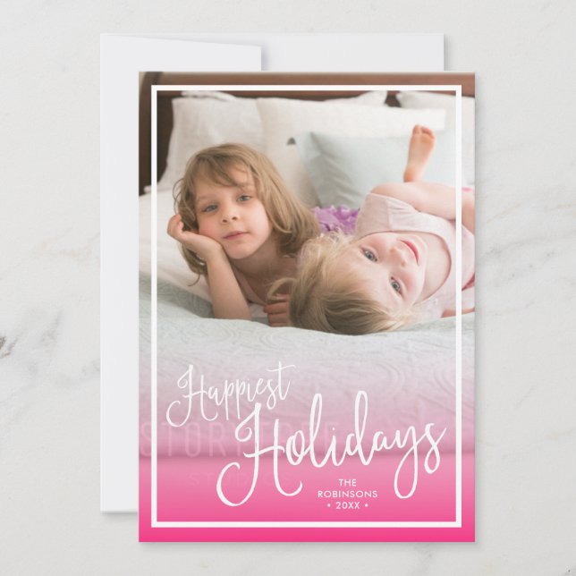 Pink Script Happiest Holidays Holiday Photo Card (Front)