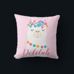 Pink Script Llama Monogram Bedroom Cushion<br><div class="desc">This cute llama animal themed nursery / bedroom pillow for girls features a sleepy llama adorned with a garland of flowers and pom poms, and custom bright script text that can be personalised with a name. The back of the pillow includes a festive pattern of desert cactus plants. Light pink...</div>