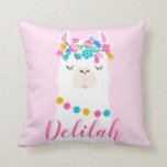 Pink Script Llama Monogram Bedroom Cushion<br><div class="desc">This cute llama animal themed nursery / bedroom pillow for girls features a sleepy llama adorned with a garland of flowers and pom poms, and custom bright script text that can be personalised with a name. The back of the pillow includes a festive pattern of desert cactus plants. Light pink...</div>