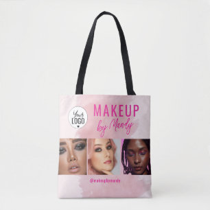 Pink Script Logo 3 Photo Watercolor Makeup Tote Bag