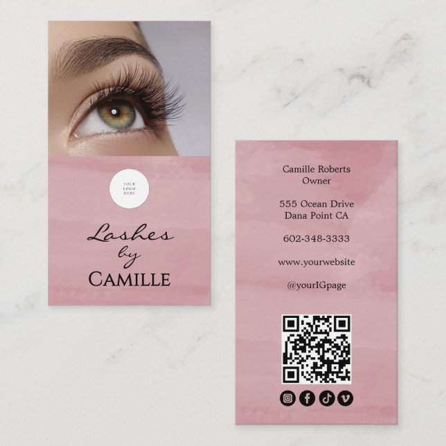 Pink Script Logo QR Code Photo Lash  Business Card (Front/Back)